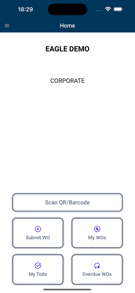 EagleCMMS - EagleCMMS mobile app home screen featuring dashboard buttons for work order management and QR code scanning
