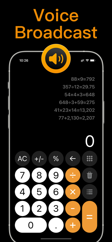 Calculator with History + - Calculator with History plus app interface on iPhone showing the voice broadcast feature and a detailed calculation log