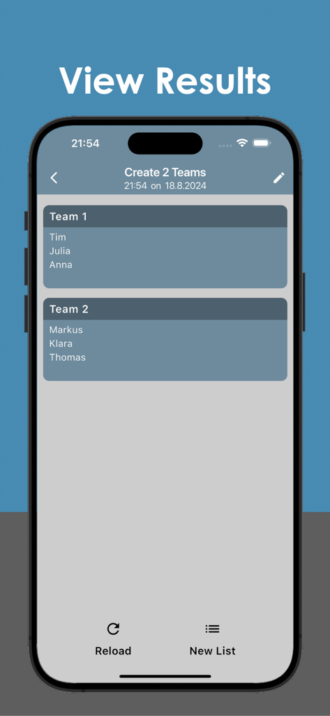A mobile app screen displaying two generated teams with a list of member names.