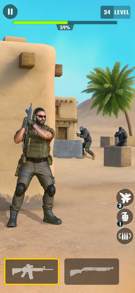 Commando Assault: Gun Shooter - Comando de élite refugiándose en un nivel de campo de batalla desértico