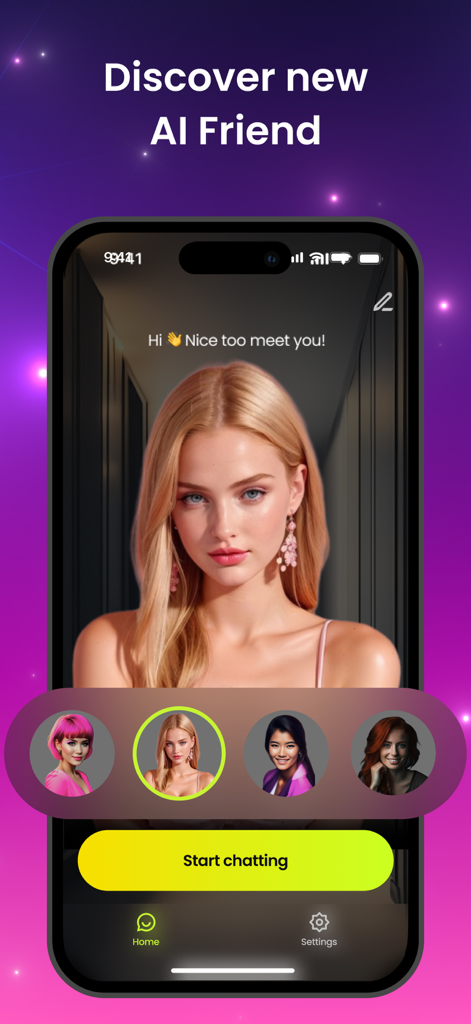 App screen titled Discover new AI Friend featuring various virtual female avatars and a start chatting button.