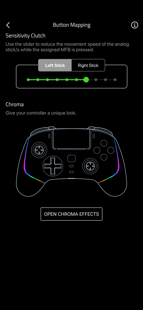 Razer Controller - アナログスティックの感度クラッチとChromaライティングエフェクトを調整するためのRazer Controllerアプリ画面