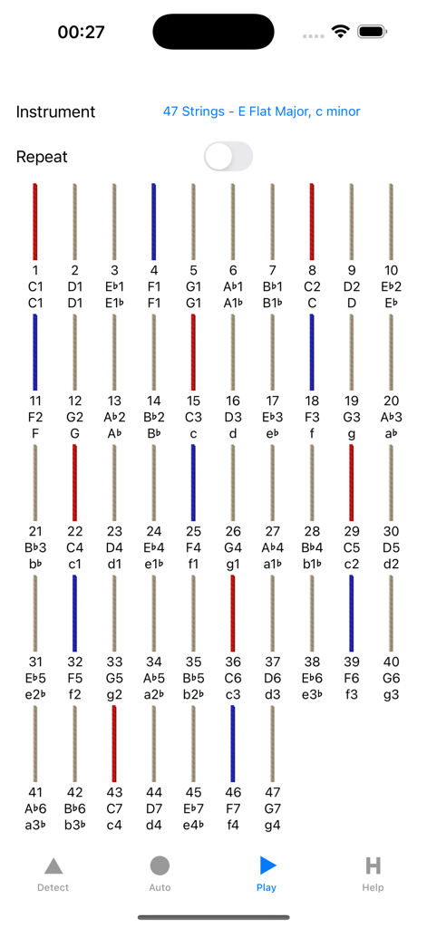 Harp Tuner - Pantalla de la aplicación Harp Tuner mostrando notas de afinación para un arpa de pedal de 47 cuerdas en Mi bemol mayor.