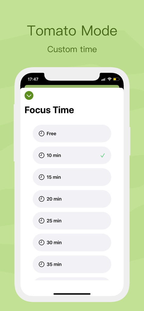 HeadsUp - Improve Posture - Screenshot of the HeadsUp app Tomato Mode interface showing focus time settings and customizable Pomodoro timer options.