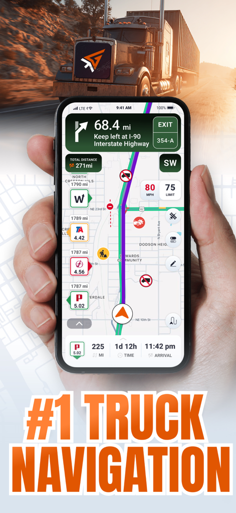 Trucker Guide: Truck GPS Maps - Smartphone zeigt die Trucker Guide GPS-Navigations-App mit LKW-spezifischer Routenplanung und Echtzeit-Kraftstoffpreisen