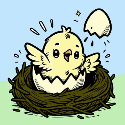 a baby chick hatching from an egg in a nest