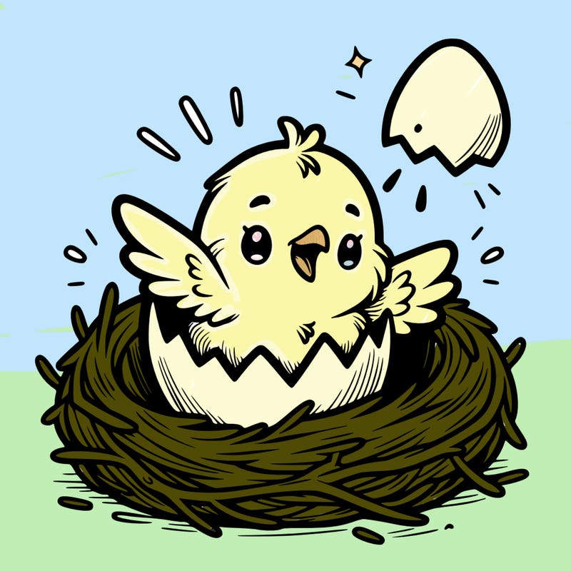 a baby chick hatching from an egg in a nest
