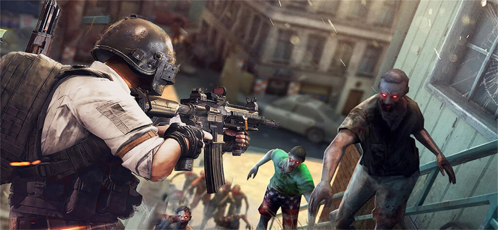 A tactical commando aiming an assault rifle at zombies with glowing red eyes in a city street