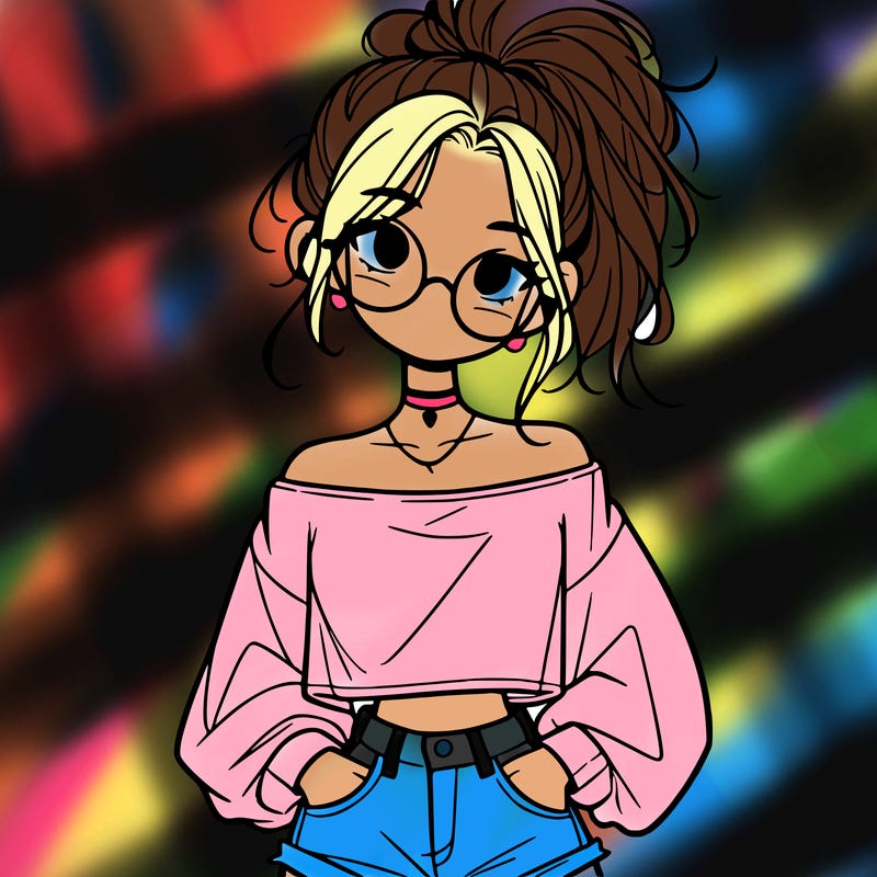 girl with a messy ponytail glasses a baggy crop top and jean shorts