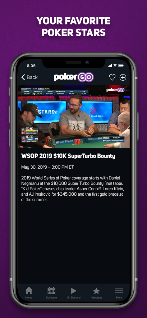 Aplicación PokerGO en iPhone mostrando una página de evento de torneo de póker de la WSOP de 2019