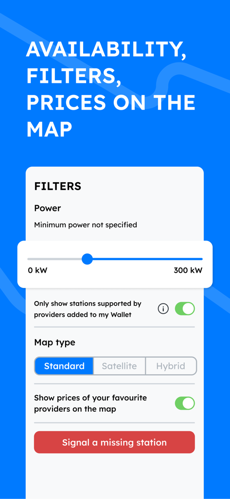 Chargeprice - EV charging station filter settings screen with power range slider and map type options
