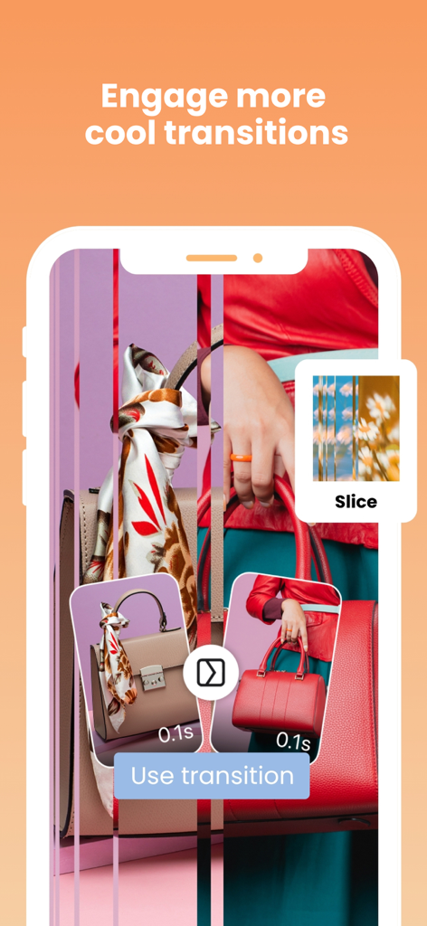 Storybeat App-Bildschirm, der einen Slice-Übergangseffekt zwischen zwei Fotos für Social-Media-Inhalte zeigt.