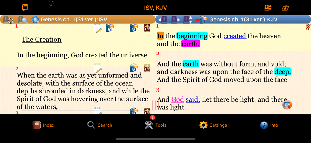 Handy Bible Pro - Parallel view of ISV and KJV translations in the Handy Bible Pro app