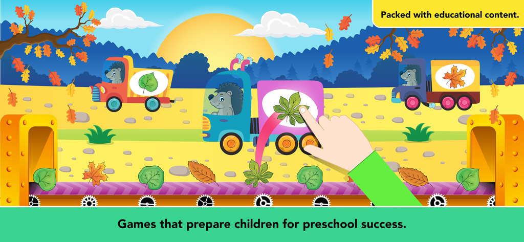 123 Bubble Kids Learning Games - A child sorting different types of leaves into cartoon trucks driven by hedgehogs in an educational game for preschoolers.