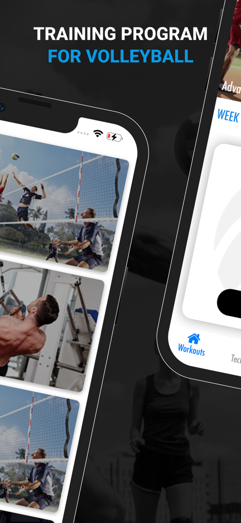 Volleyball Training Workouts - Interface do aplicativo de programa de treinamento de voleibol mostrando vários exercícios e treinos