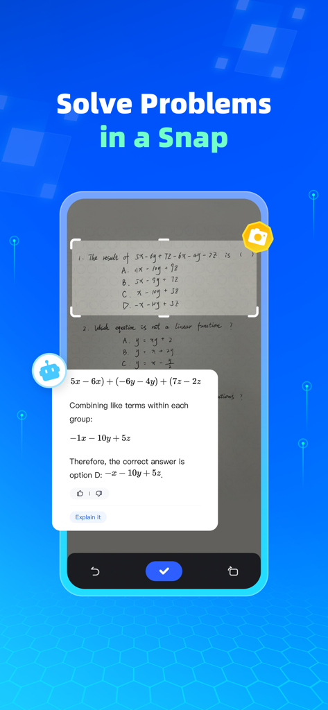 AI math calculator app solving a handwritten equation from a photo