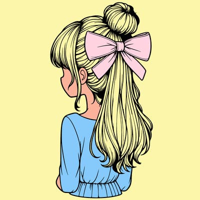 realistic girl  with hip length hair a bun and a big bow on the back of head