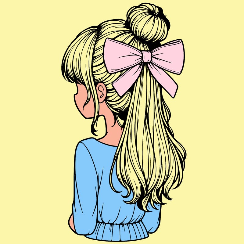 realistic girl  with hip length hair a bun and a big bow on the back of head