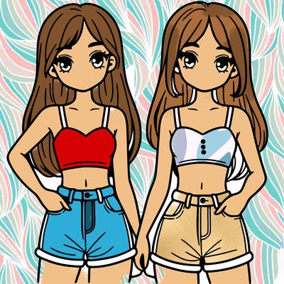 two sisters with crop tops and jean shorts and straight hair