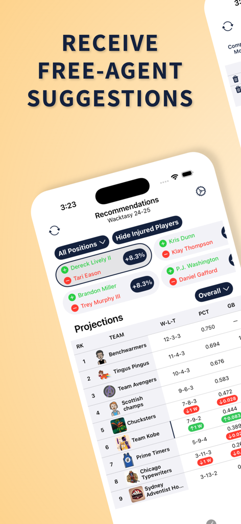 FantasyHoops AI - Interface do aplicativo FantasyHoops AI mostrando sugestões de jogadores agentes livres e classificações projetadas da liga