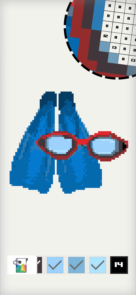 Pixel Land: color by number - Pixel art of swimming fins and goggles in a color by number app