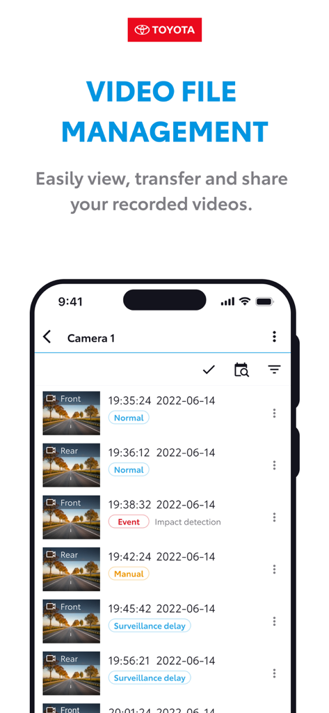 Toyota Series 2.0 Viewer - Toyota Dash Cam 앱 비디오 파일 관리 화면, 타임스탬프 및 레이블이 있는 녹화된 전방 및 후방 카메라 영상 목록 표시