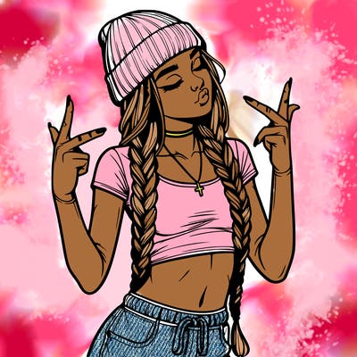 realistic teenage girl with braids and a beanie and crop top doing 🫶🏼