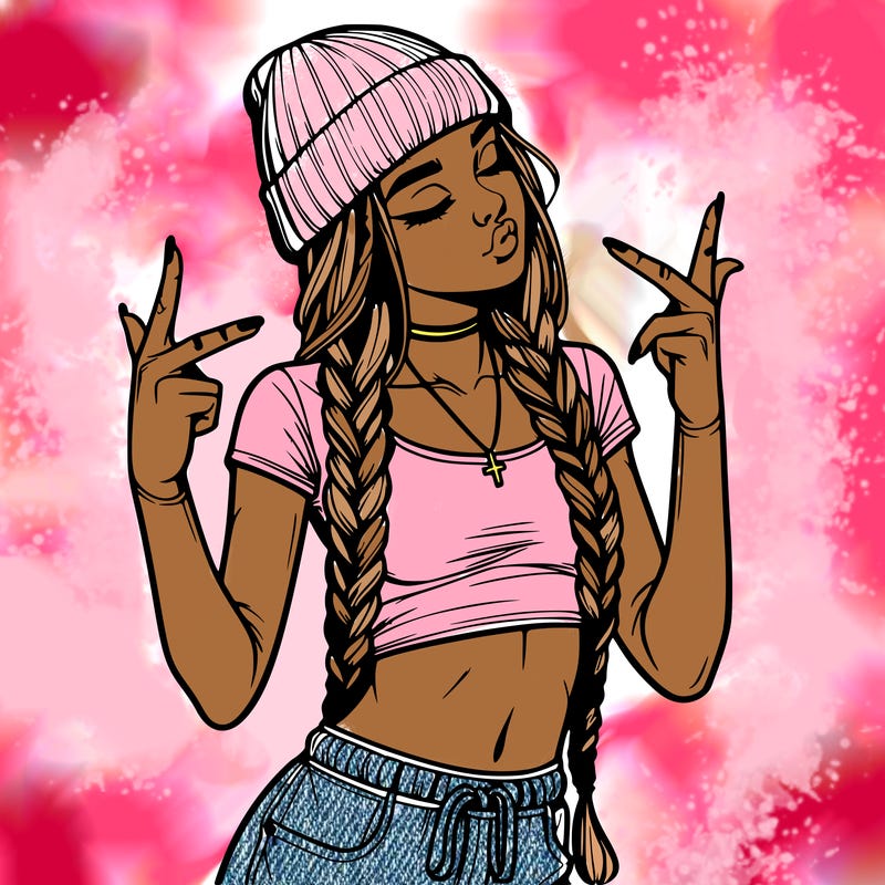 realistic teenage girl with braids and a beanie and crop top doing 🫶🏼