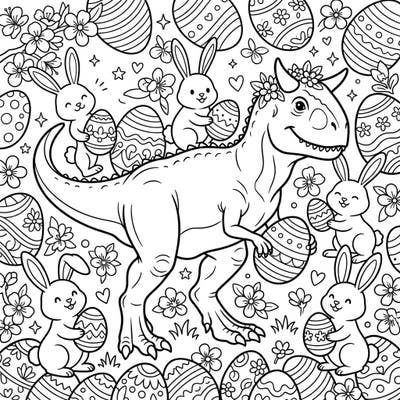 Get ready for an egg-cellent time with this adorable coloring page featuring a cheerful Carnotaurus celebrating Easter alongside a crew of cute bunnies. This delightful scene is packed with festive decorated eggs and spring flowers, promising hours of creative fun for dinosaur lovers and Easter enthusiasts alike.