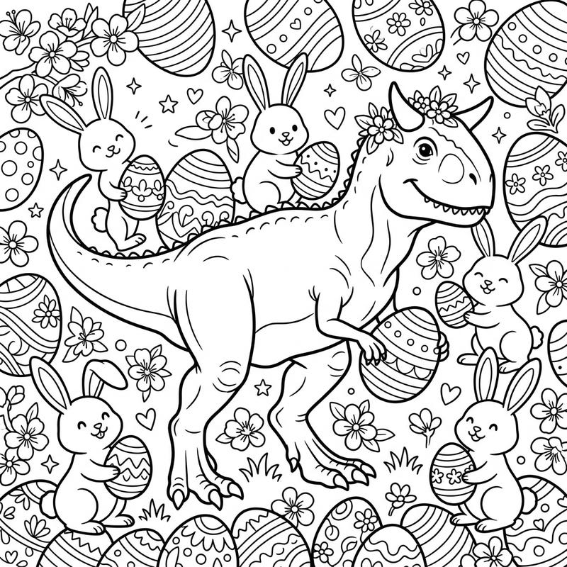 Get ready for an egg-cellent time with this adorable coloring page featuring a cheerful Carnotaurus celebrating Easter alongside a crew of cute bunnies. This delightful scene is packed with festive decorated eggs and spring flowers, promising hours of creative fun for dinosaur lovers and Easter enthusiasts alike.
