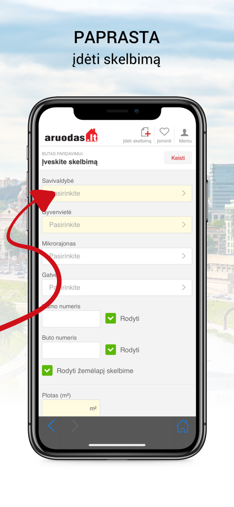 Aruodas.lt mobile app interface showing a form for creating a real estate listing with fields for location and property details