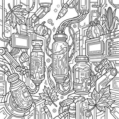 Explore a captivating fusion where the cozy elements of autumn meet a gritty, high-tech future in this unique coloring page. Delve into intricate designs featuring glowing serum vials, robotic harvest decor, and circuit-patterned leaves ready for your creative touch.