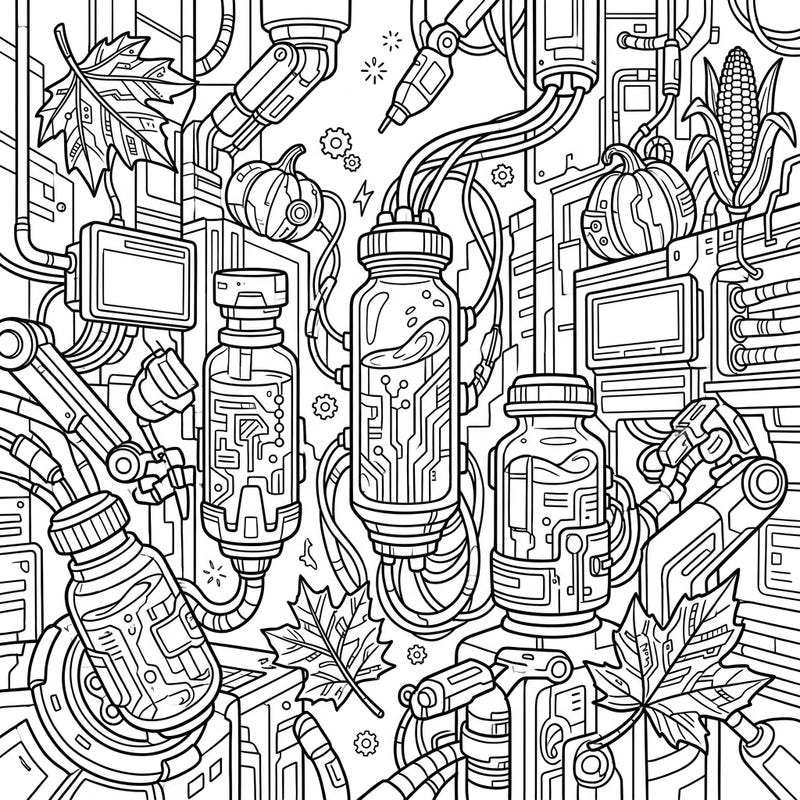 Explore a captivating fusion where the cozy elements of autumn meet a gritty, high-tech future in this unique coloring page. Delve into intricate designs featuring glowing serum vials, robotic harvest decor, and circuit-patterned leaves ready for your creative touch.