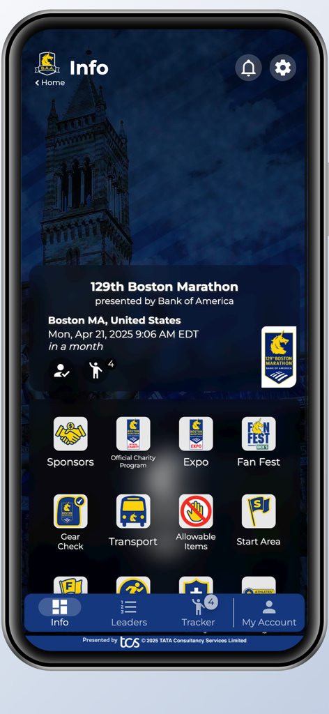 B.A.A. Racing App - BAA Racing App info screen displaying 129th Boston Marathon race details and logistic icons