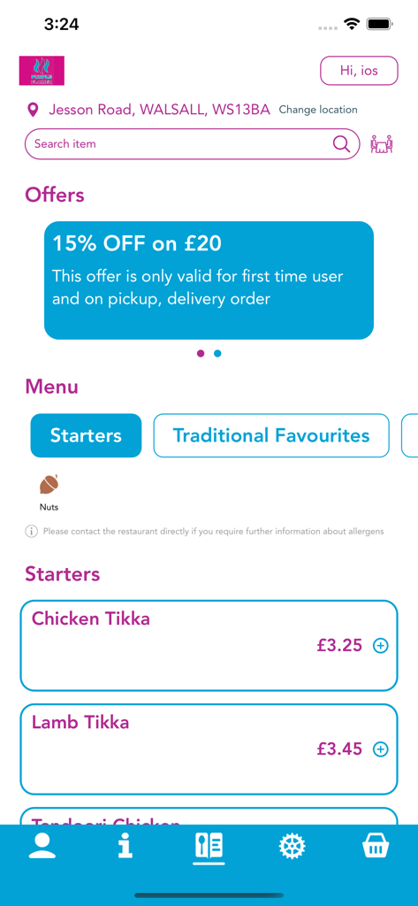 Purple Flamez restaurant app screen showing menu starters and first time user discount