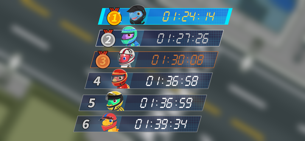 Racing Car Games for Kids - Race results screen showing cute animal drivers and their lap times.