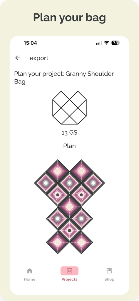 A mobile app interface showing a layout plan for a crochet granny square shoulder bag with thirteen pink and purple squares.
