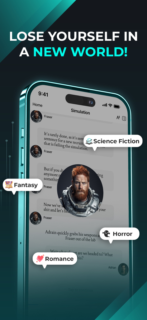 ChattyFic - Chat Storytelling - A mobile phone screen showing a chat based story in ChattyFic with floating genre icons for Science Fiction Fantasy Horror and Romance