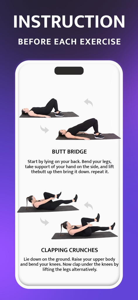 Workout for Women, Fitness - Mobile app screen showing step-by-step visual and text instructions for Butt Bridge and Clapping Crunches exercises.