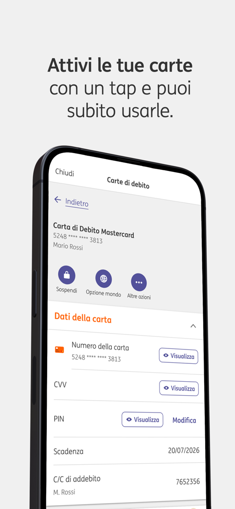 ING Italia - Banca Online - Screenshot dell'app ING Italia che mostra i dettagli della carta di debito e le opzioni di attivazione