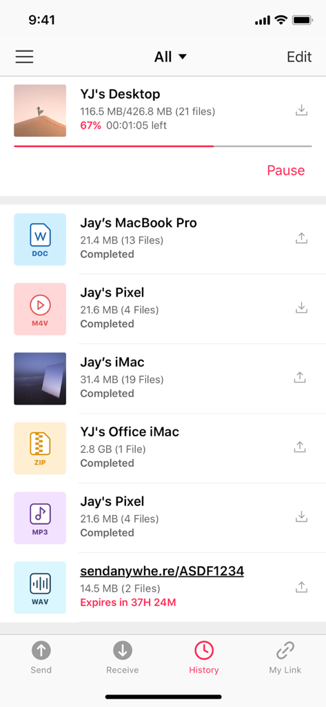 Screenshot of the file transfer history in the Send Anywhere app showing various devices and document formats