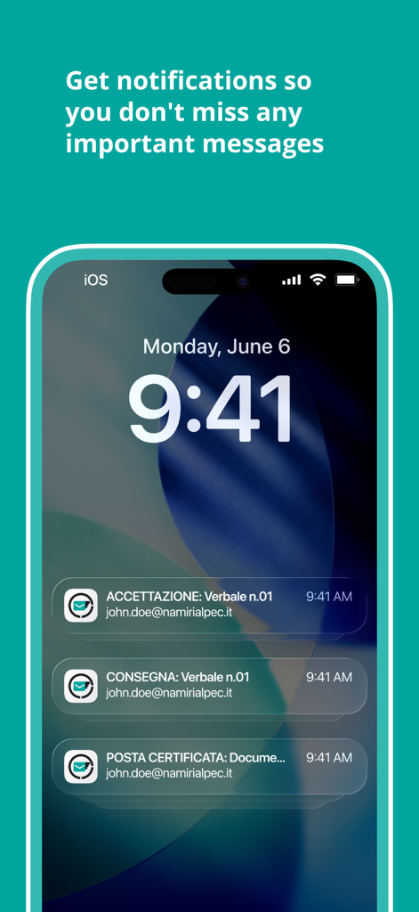 Namirial PEC - iPhone lock screen showing certified email notifications from the Namirial PEC app.