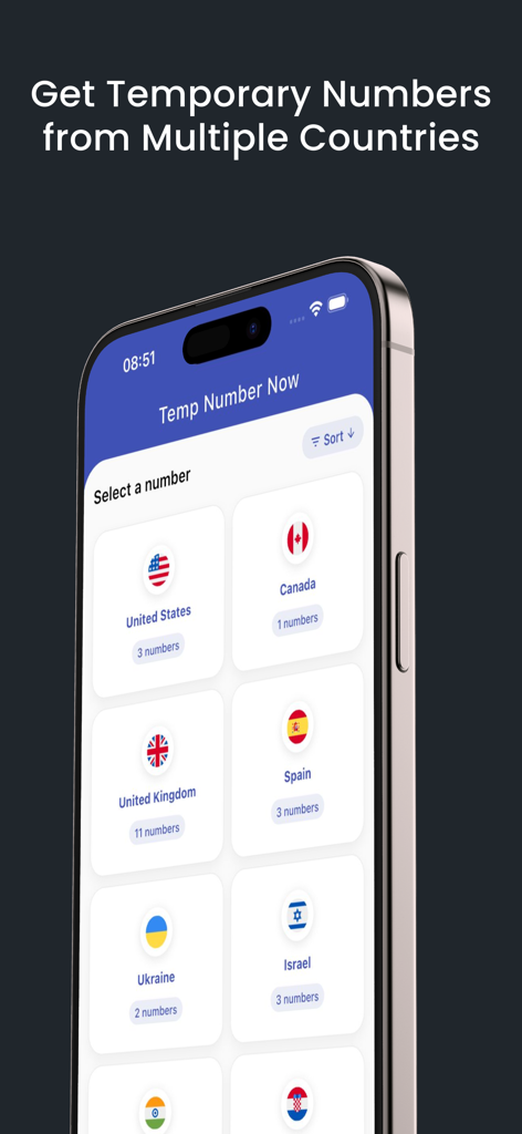 Interfaz de la aplicación Número Temporal Ahora mostrando una lista de países disponibles para seleccionar números de teléfono temporales