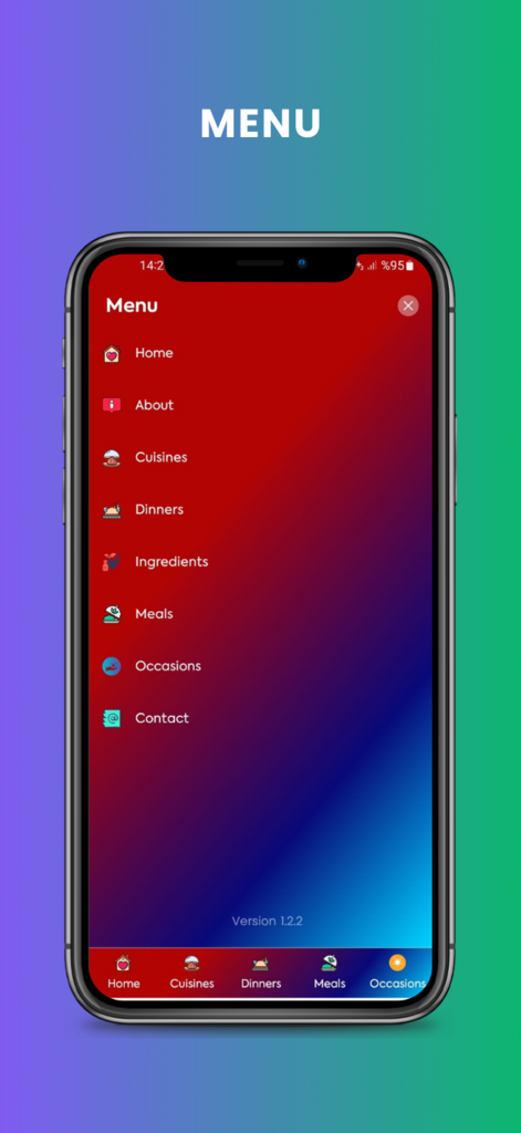 Master Chef Vault: Recipes - Menú de navegación de la aplicación de recetas Master Chef Vault que muestra categorías como cocinas cenas e ingredientes sobre un fondo degradado.