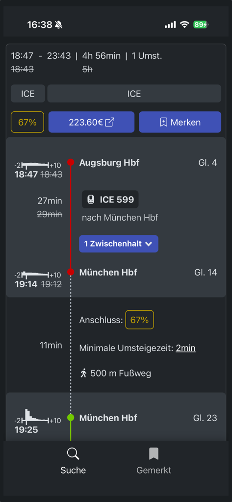 Bahn-Vorhersage - Oberfläche der Bahn-Vorhersage-App, die die Zuverlässigkeit und Zeiten von Zugverbindungen anzeigt