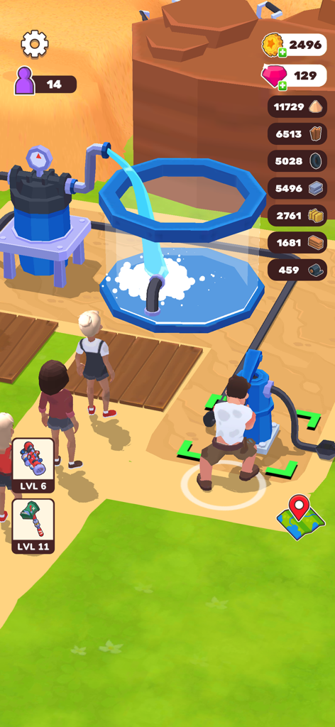 Um personagem no jogo Wasteland Life Survival Idle usando uma bomba de água manual para encher um grande tanque em um cenário de deserto.