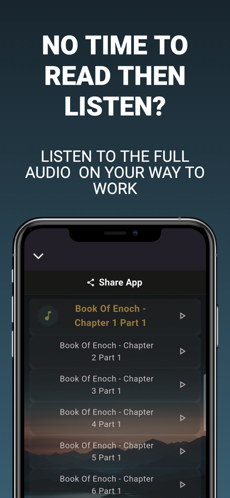 Book of Enoch ￮ - Interface of the Book of Enoch app showing a list of audio chapters for listening.