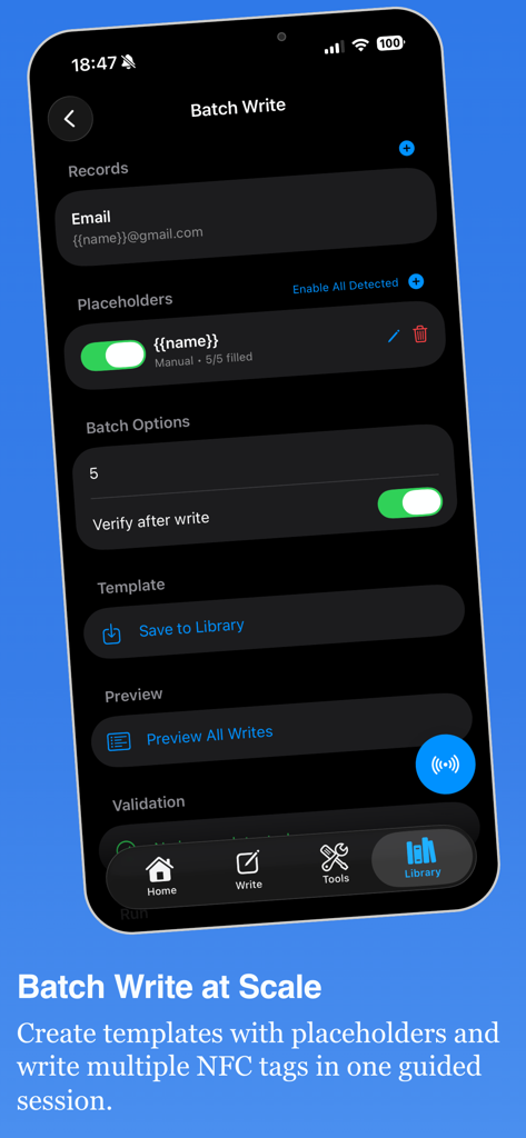 NFC Studio - NFC Studio app interface for batch writing multiple NFC tags using custom templates and placeholders.