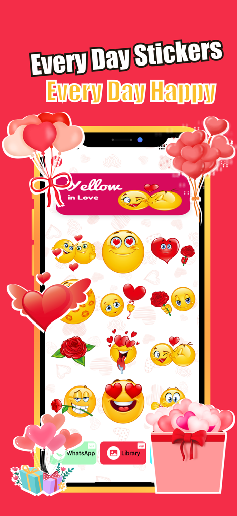Mobile app interface showing a collection of romantic and heart-themed stickers