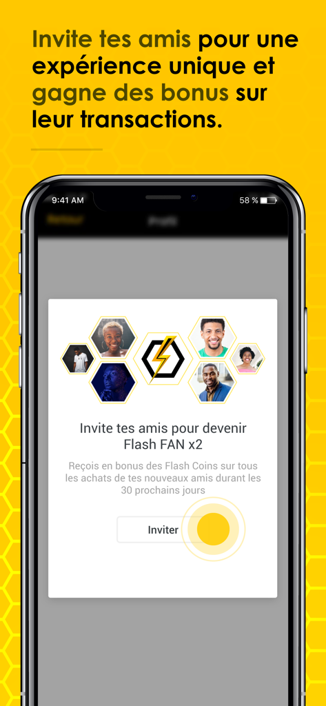 FlashApp - Smartphone screen of FlashApp showing the refer-a-friend program with bonuses for transactions